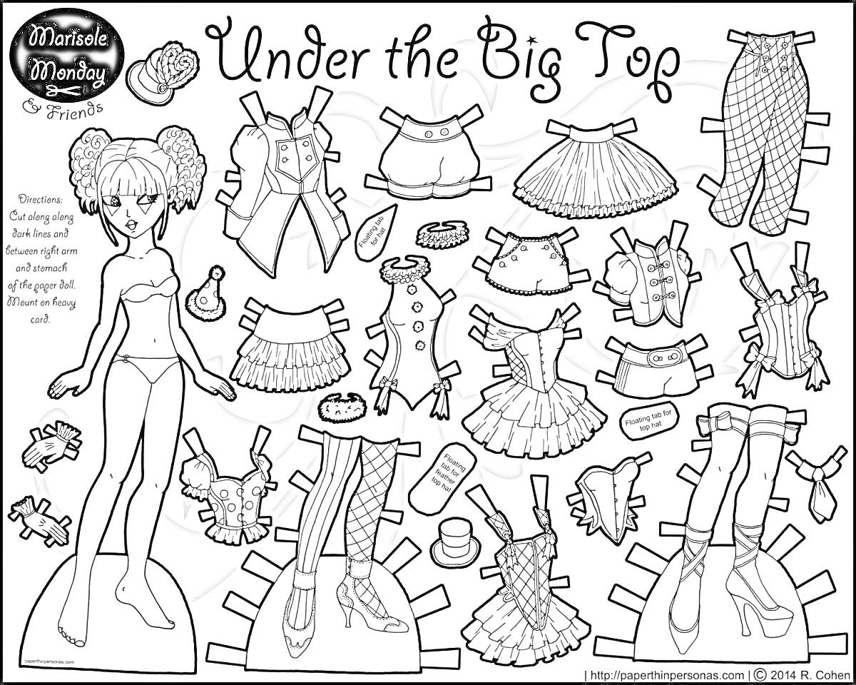 Раскраска Under the Big Top - кукла, варианты обуви, топы, шорты, юбки, комбинезоны, ботинки, аксессуары, браслеты