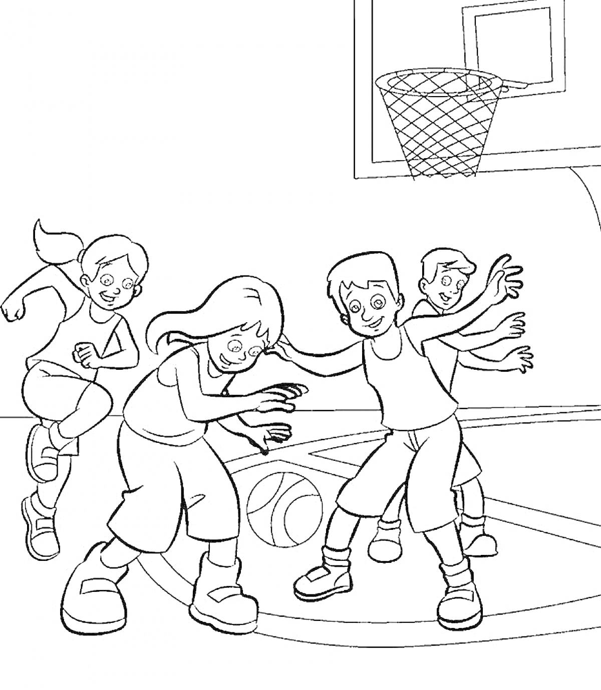 Раскраска Дети играют в баскетбол, баскетбольная площадка с кольцом, мяч