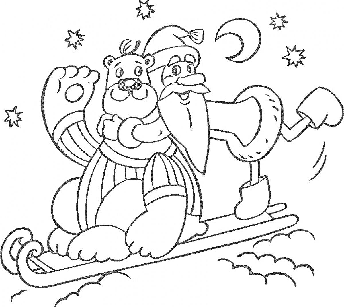 Раскраска Медведь и Дед Мороз на лыжах, звезды, месяц