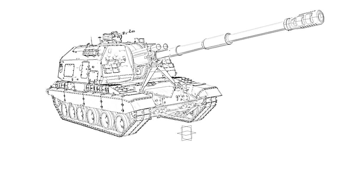 На раскраске изображено: Артиллерия, Военная техника, Гусеничная техника, Бронетехника, Пушка, Оружие, Армия, Боевой транспорт