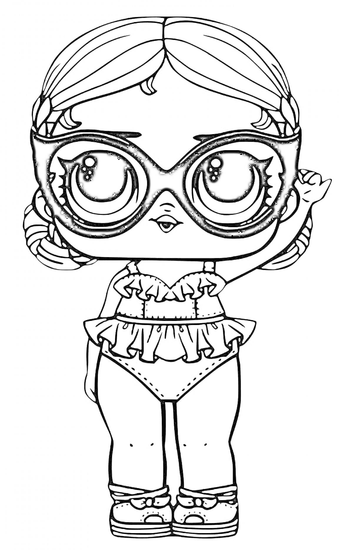 Раскраска Кукла ЛОЛ в очках, с заплетенными волосами, в купальнике и кроссовках