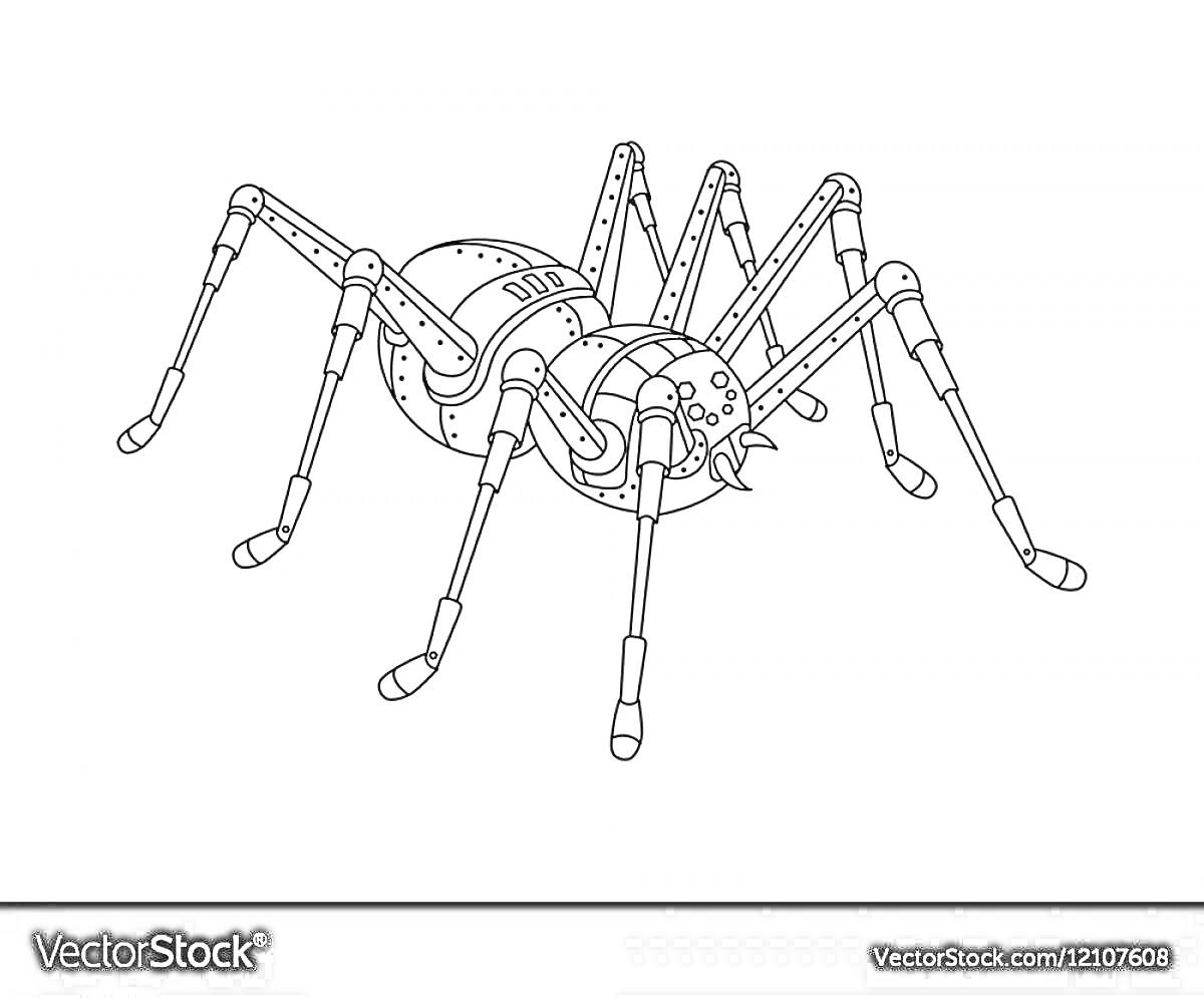 Раскраска Робот паук с шести ногами и круглыми деталями сегментов тела