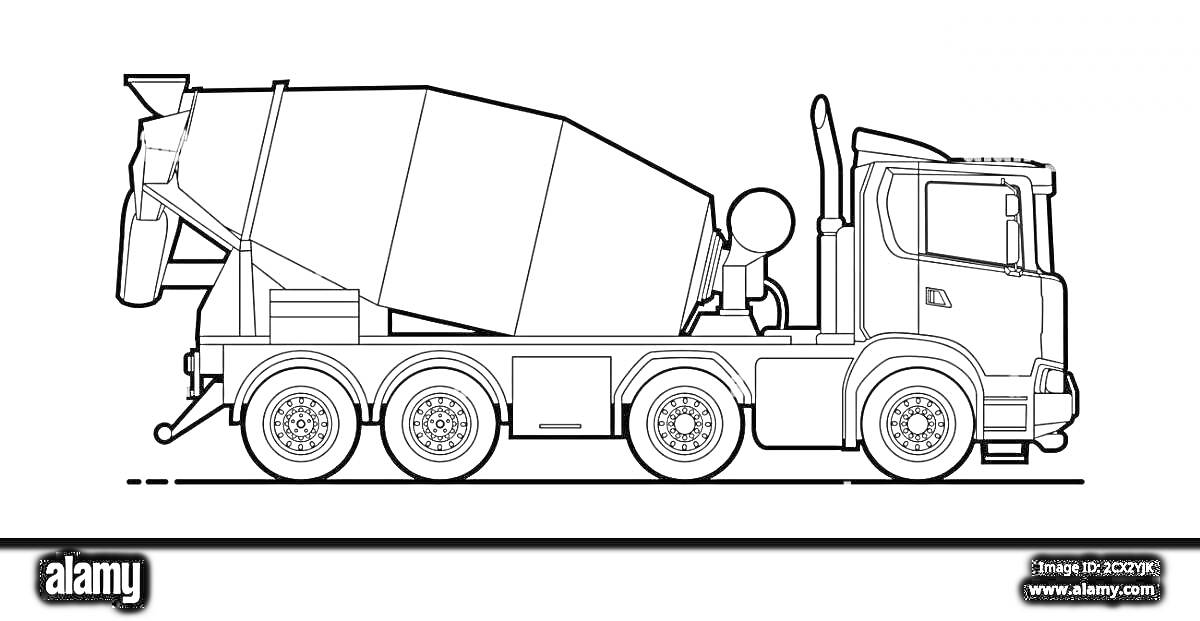 Раскраска Грузовик-цементовоз с миксером, шасси на шести колесах, дверь кабины открыта, водитель у двери