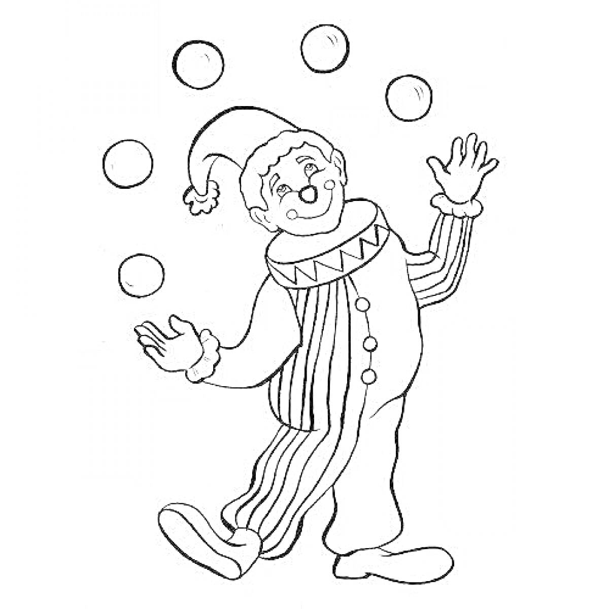 На раскраске изображено: Скоморох, Жонглирование, Мячи, Костюм, Цирк, Шапка
