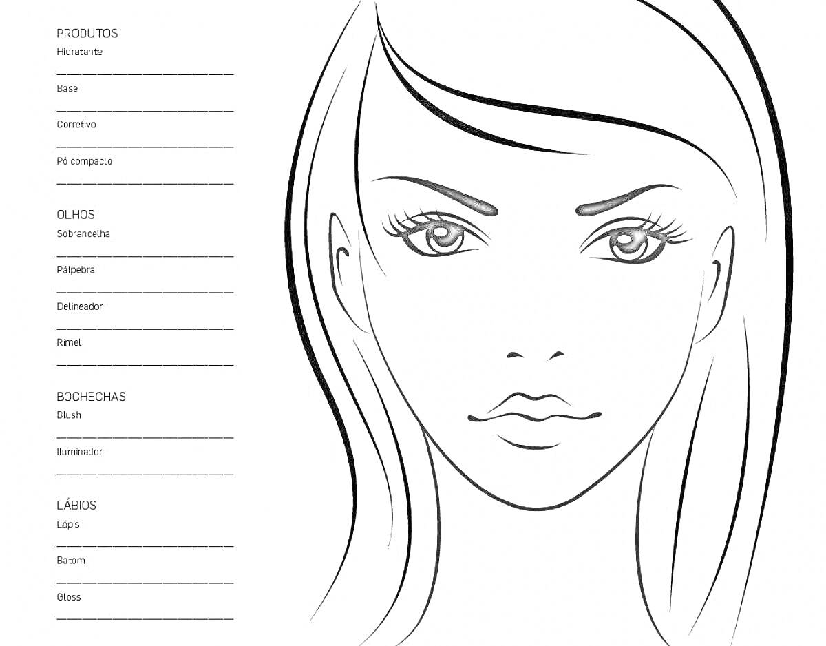 Раскраска Раскраска с женским лицом для обучения нанесения макияжа (элементы: макияж глаз, макияж губ, макияж лица, прическа, брови)