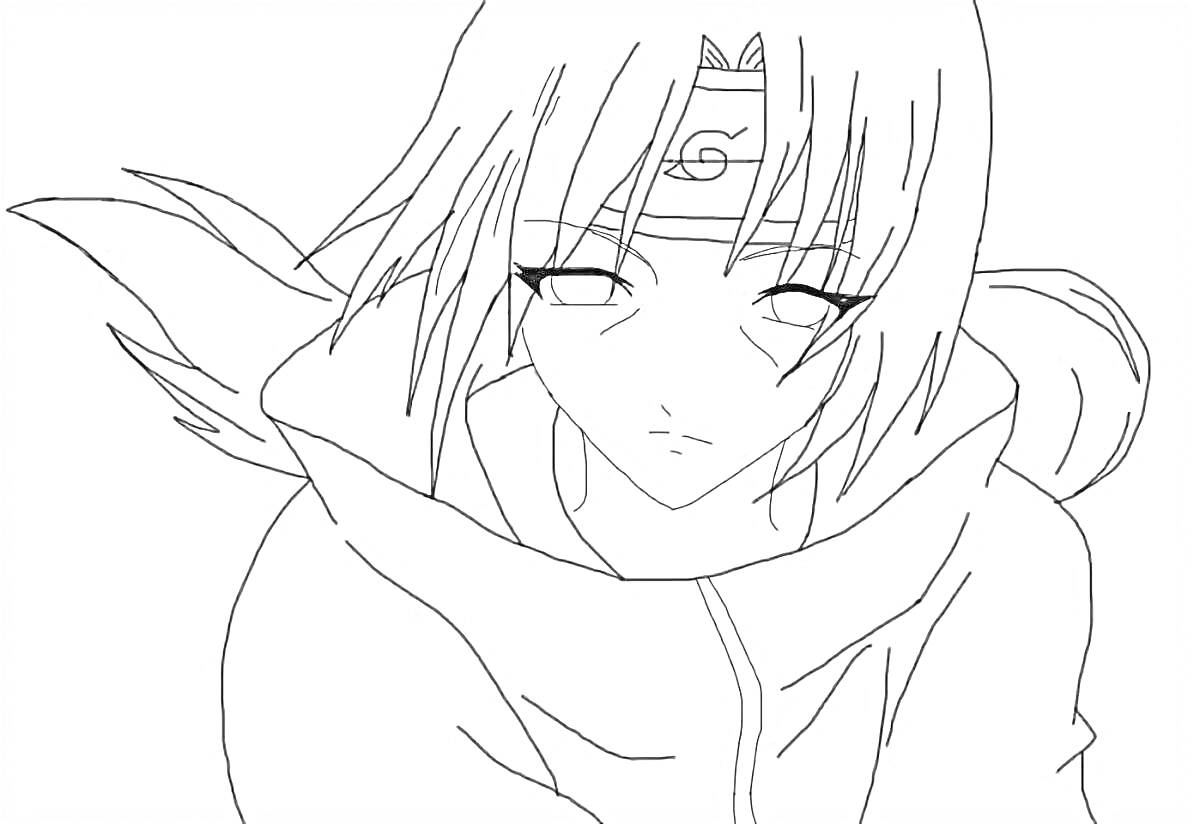 Раскраска Аниме-персонаж с повязкой на лбу и курткой, ветреные волосы