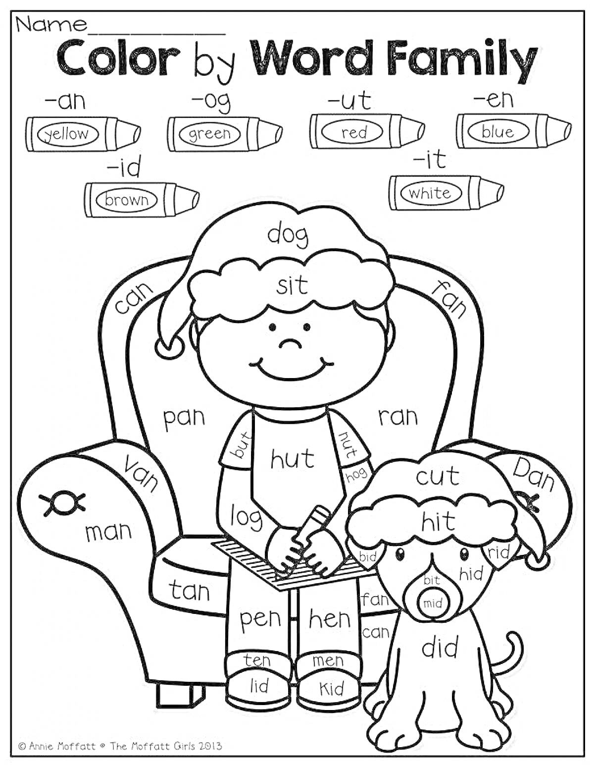 Раскраска Рождественская карточка для раскраски с ребенком и собакой, слова на картинке относятся к нескольким семействам слов (-an, -og, -ut, -en, -it, -id).