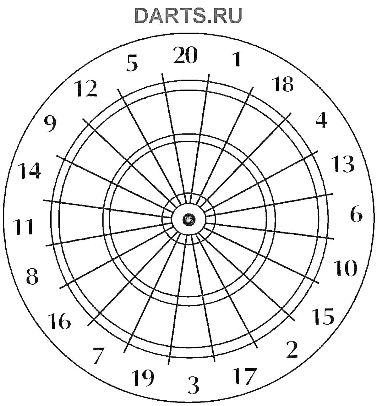 Раскраска Дартс-мишень с секторами и цифрами от 1 до 20