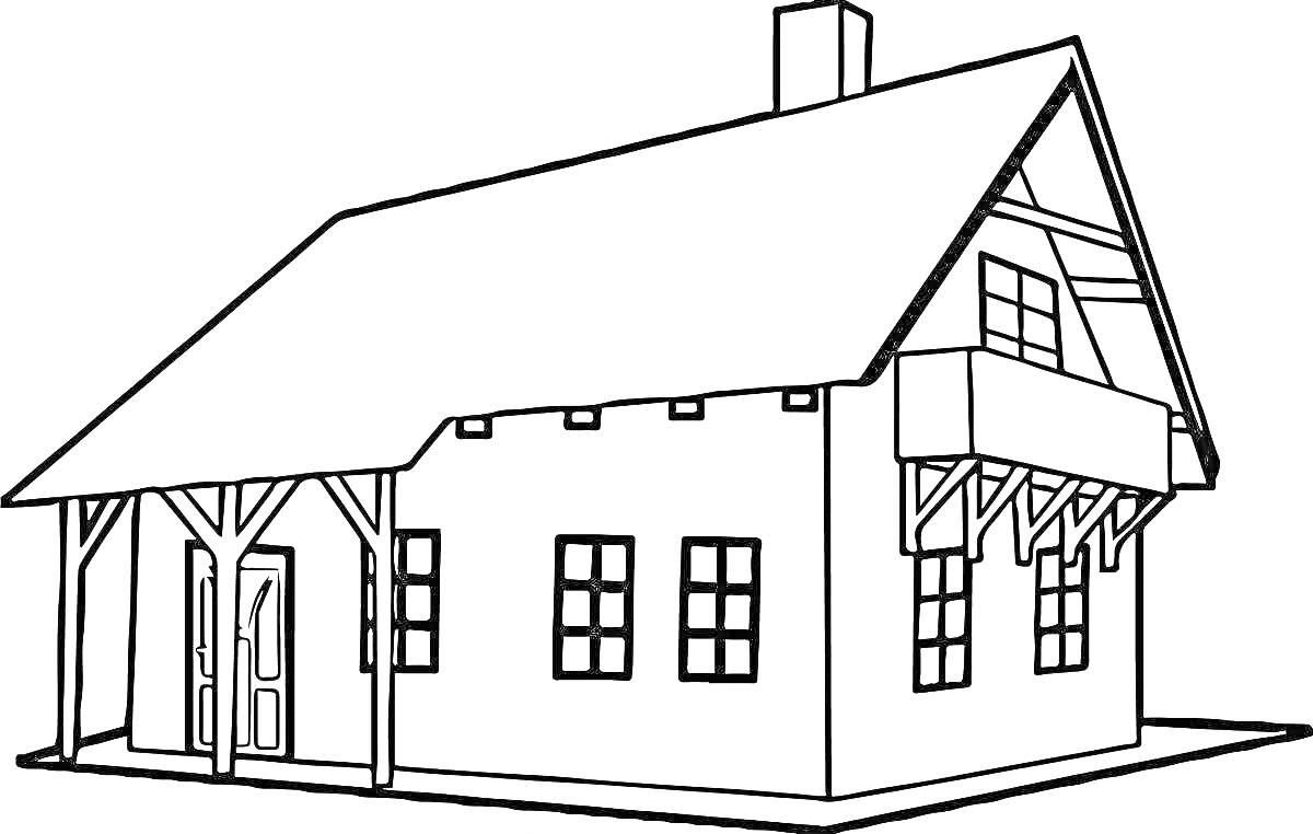 На раскраске изображено: Дом, Крыша, Окна, Дверь, Балкон, Дымоход, Каркас, Для детей
