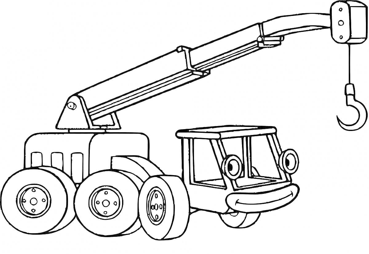 Раскраска Машина кран с улыбкой, большие колеса, подъёмный кран с крюком