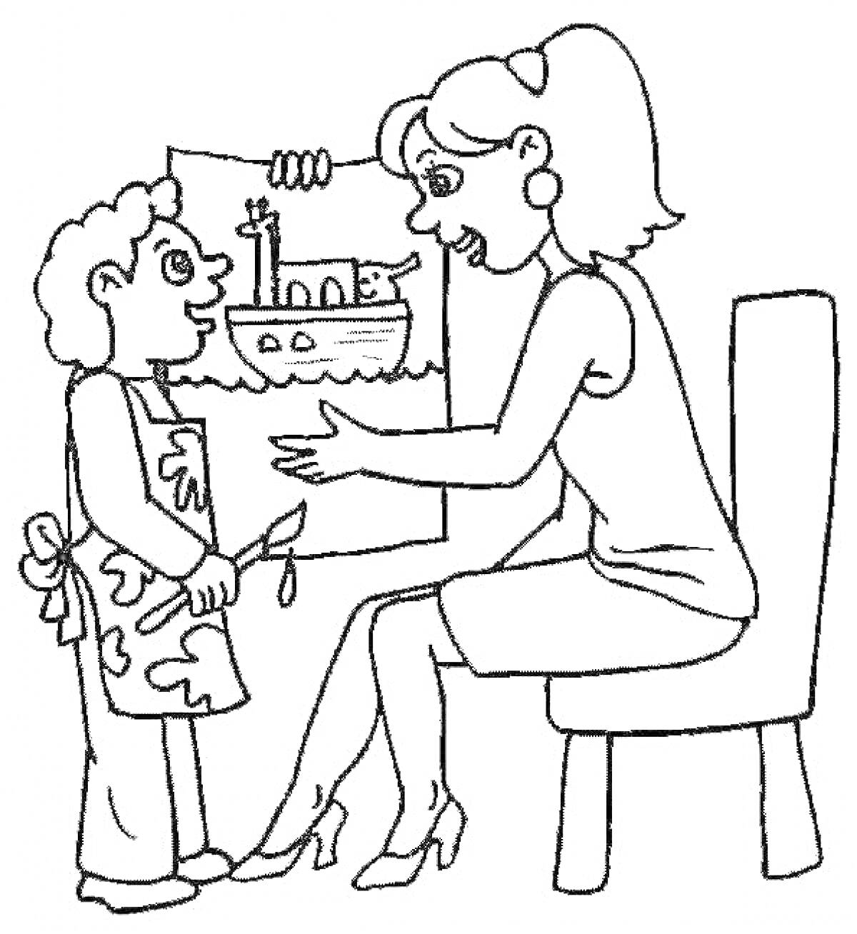 Раскраска Ребенок дарит маме рисунок с кораблем, мама сидит на стуле, ребенок в фартуке с цветочками, держит кисточку, мама протягивает руки к рисунку