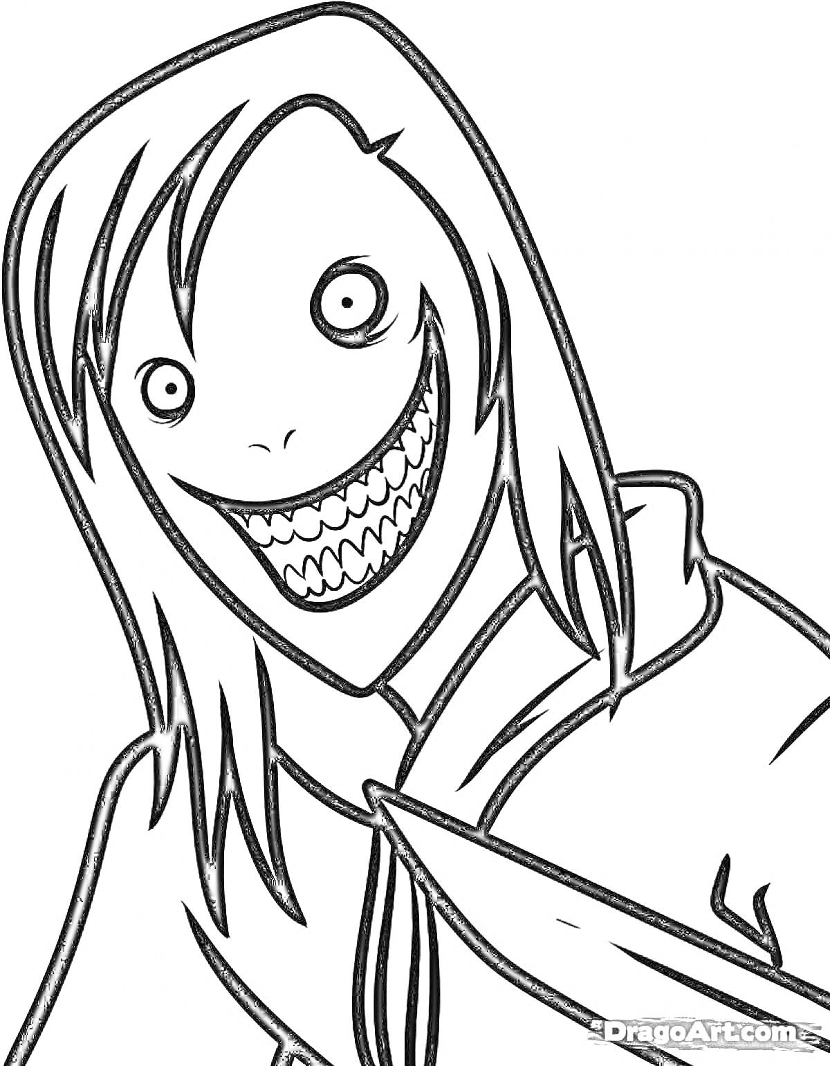 Раскраска Рисунок в стиле Момо с длинными волосами и зловещей улыбкой