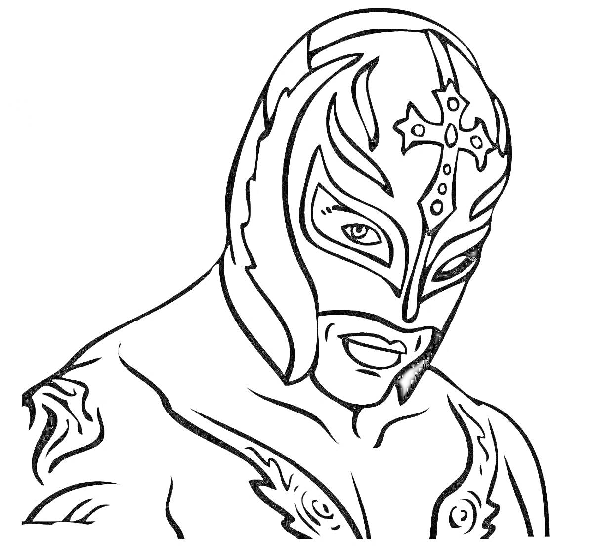 На раскраске изображено: Маска, Крест, Узоры, Татуировки, Спорт, Борьба, Мужской персонаж