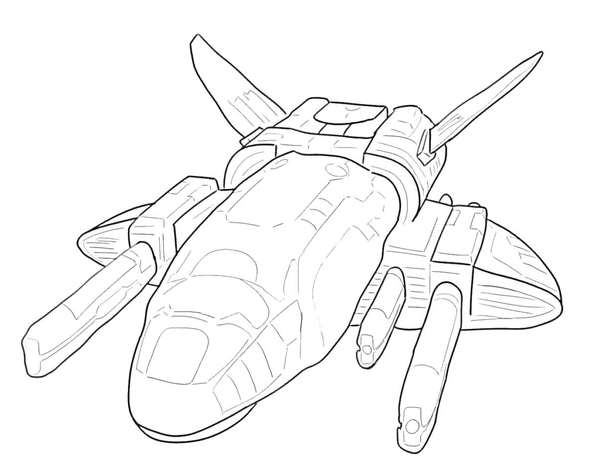 На раскраске изображено: Космический корабль, Ракета, Крылья, Двигатели, Космос