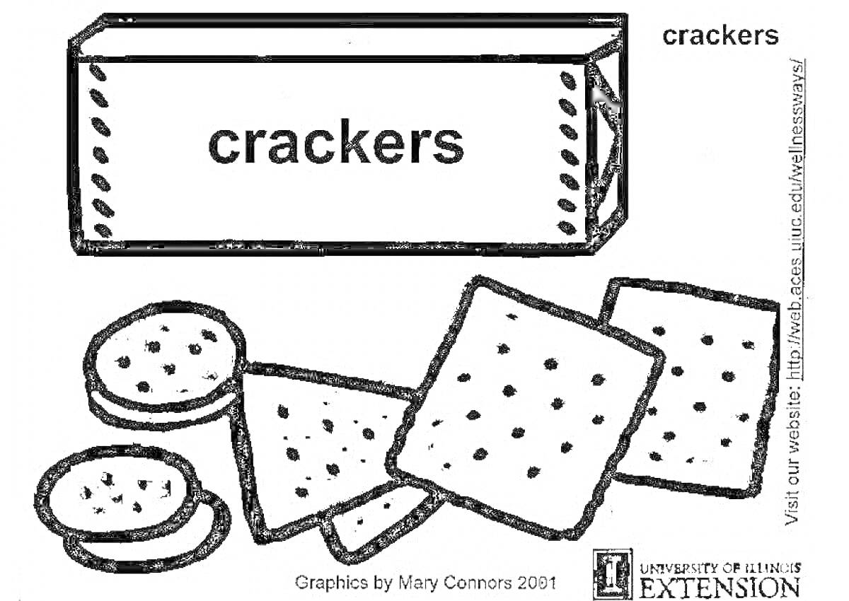 Раскраска Печенье. Коробка с крекерами и различные виды печенья (круглое, квадратное).