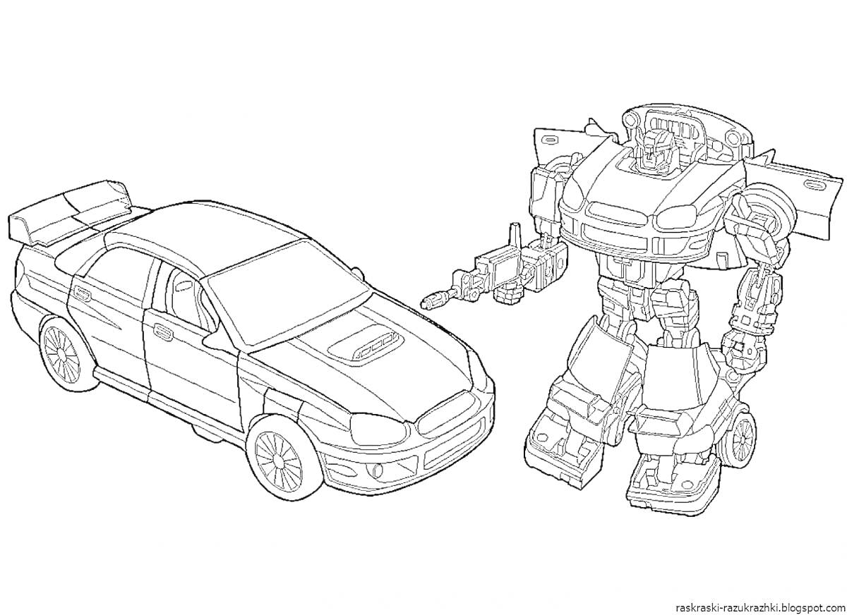Раскраска Трансформирующийся автомобиль и робот с оружием