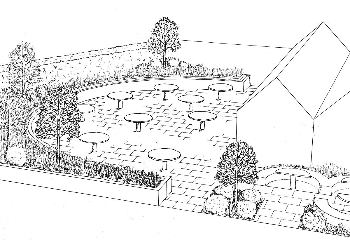 Раскраска Ландшафтный дизайн с деревьями, кустарниками, клумбами, скамеечками и домиком.
