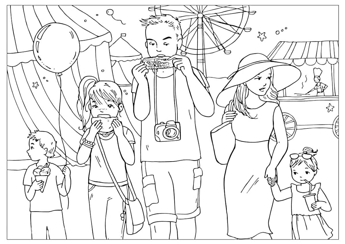 Раскраска Семья на ярмарке, аттракционы, воздушный шар, мороженое, воздушный шар, отец с фотоаппаратом