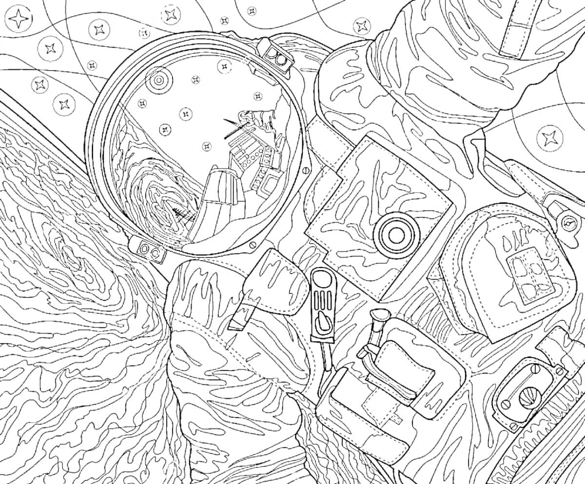 На раскраске изображено: Астронавт, Космос, Звезды, Панель управления, Космический костюм, Планеты, Космическое пространство