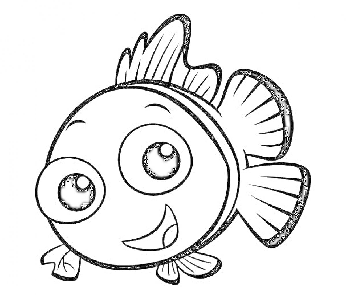 На раскраске изображено: Рыба, Рыба-клоун, Животные, Морская жизнь, Плавники, Большие глаза, Улыбка, Из мультфильмов