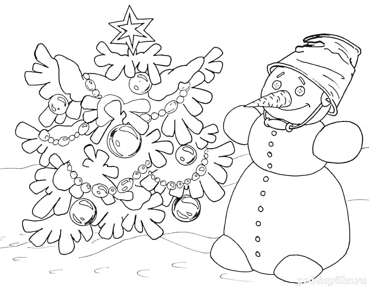 Раскраска Снеговик с ведром на голове рядом с елочкой, украшенной шарами и гирляндой