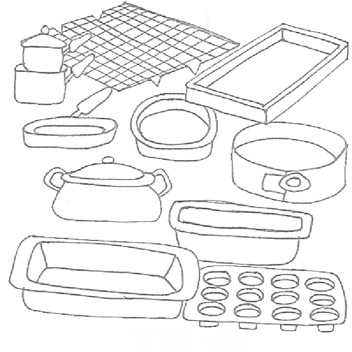 На раскраске изображено: Решетка, Кухонная посуда, Выпечка, Кухонные принадлежности, Миска, Кастрюли