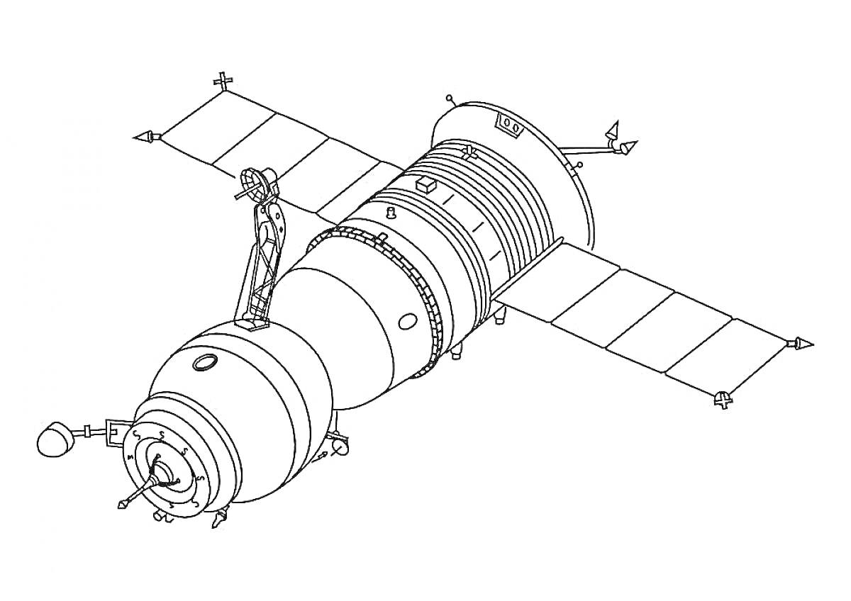 Раскраска Спутник с солнечными панелями и антенной