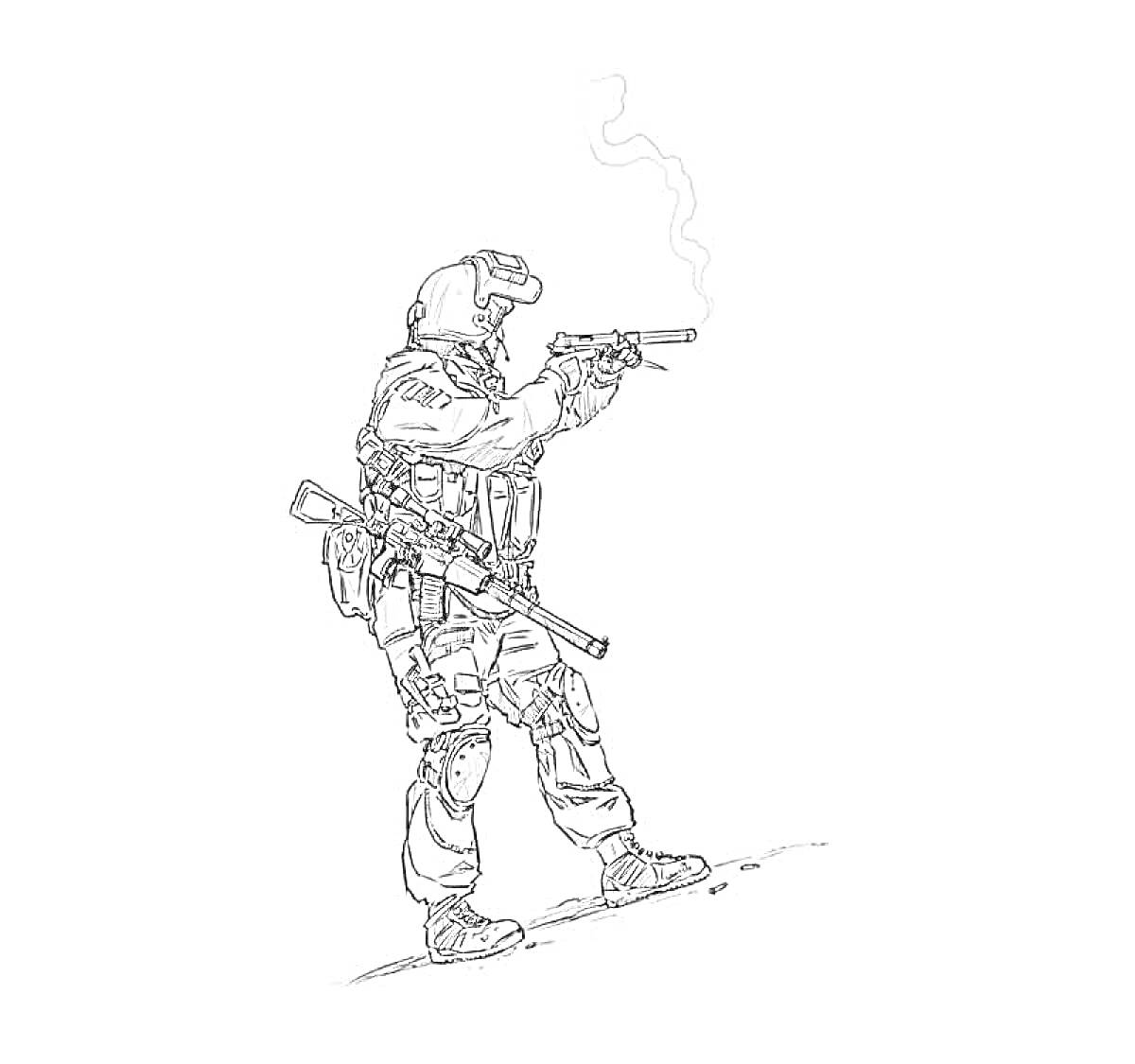 Раскраска Солдат спецназа с пистолетом, винтовкой, защитной экипировкой и шлемом