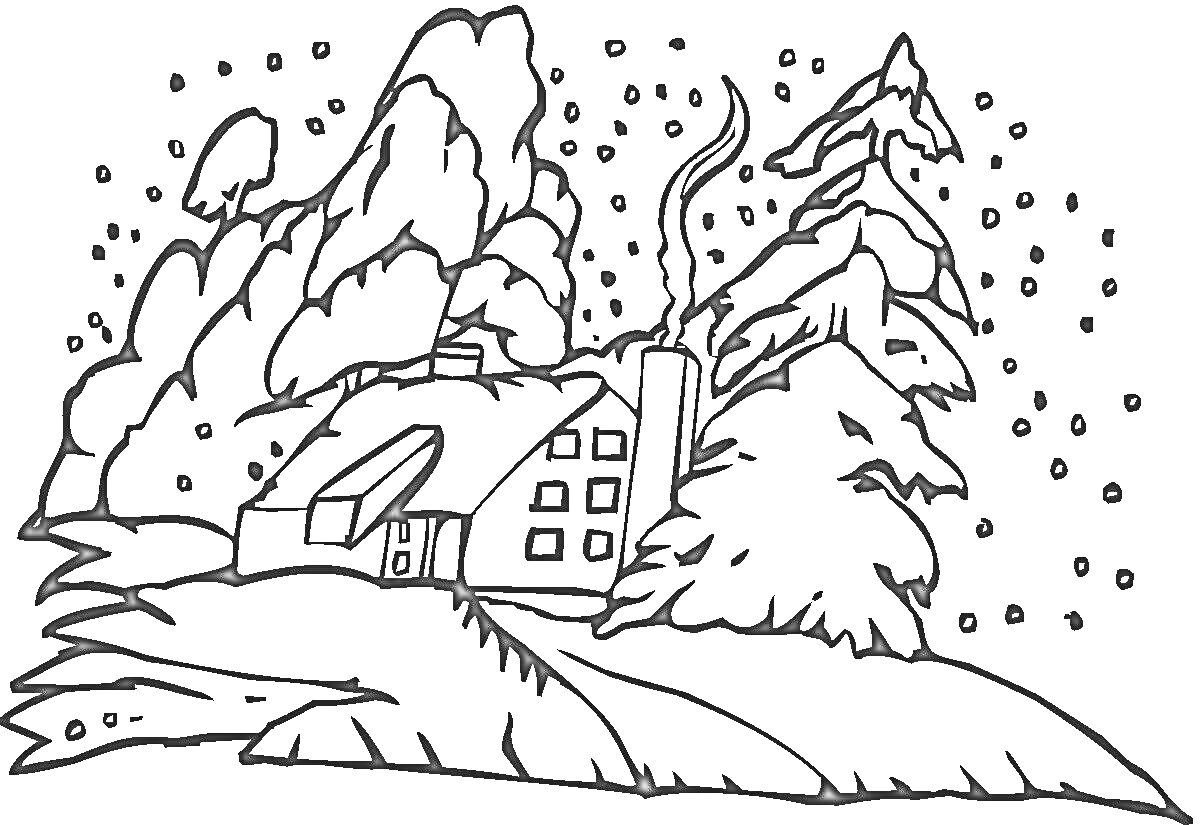 На раскраске изображено: Дом, Дымоход, Деревья, Снежные сугробы, Зима, Снег, Лес