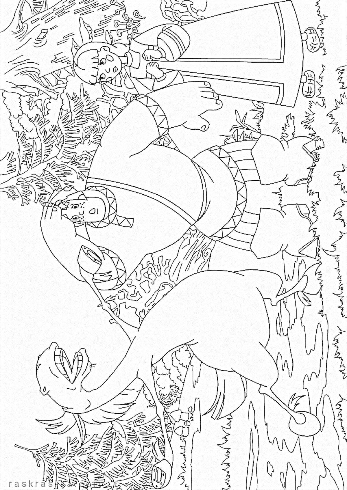 Раскраска Алеша Попович с луком и стрелами, Тугарин Змей, деревья на заднем плане