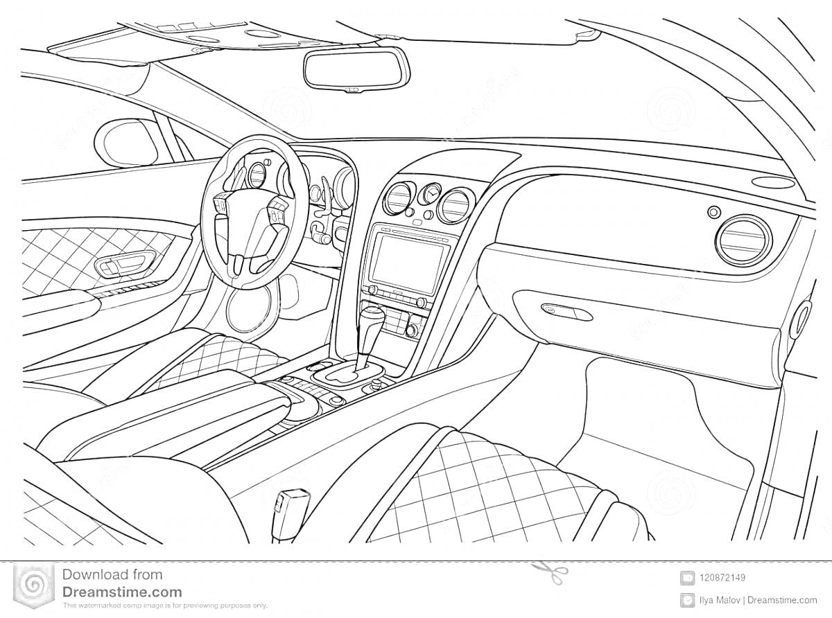 Раскраска Салон машины с рукояткой переключения передач, центральной консолью, рулевым колесом и сиденьями