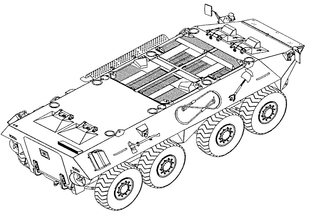 Раскраска Бронетранспортёр (БТР) с восьмиколёсным шасси, грузовыми ящиками, боковыми перилами и антеннами, крышками люков и задней дверью.