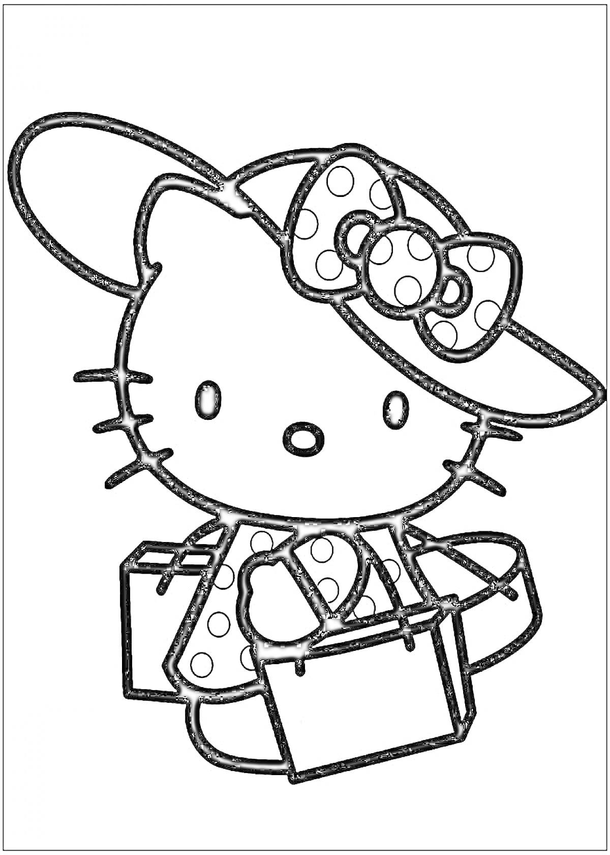 Раскраска Хелло Китти в шляпе с бантом и покупками