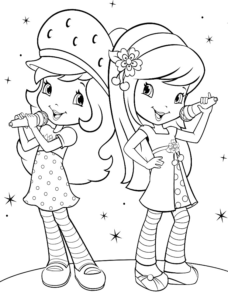 Раскраска Две девочки с микрофонами, в платьицах, на фоне звездочек