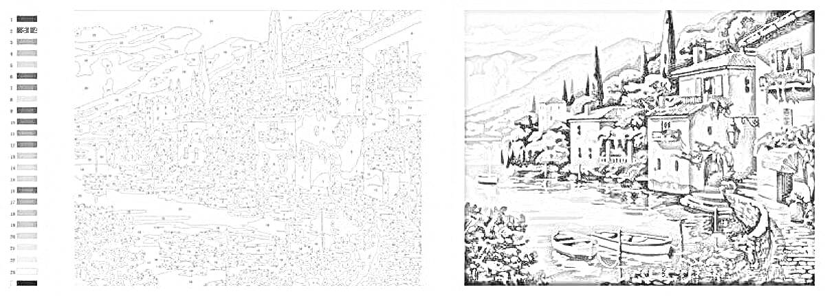 Раскраска Пейзаж с лодками на реке, домами вдоль берега и горами на заднем плане
