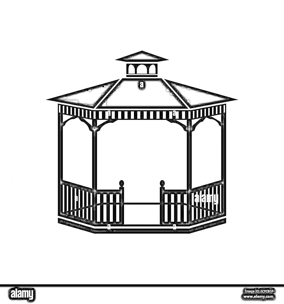 Раскраска Беседка с восьмигранной крышей, ограждением и крытым куполом