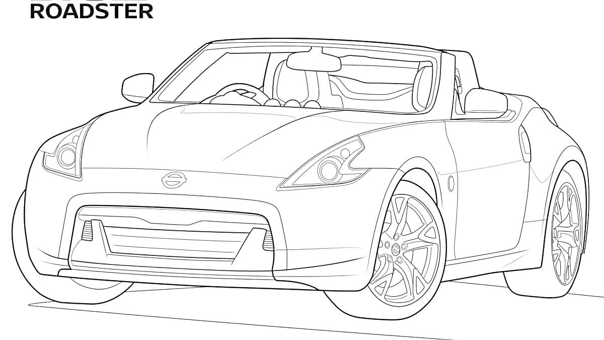 Раскраска Roadster с откидывающейся крышей, передним бампером, фарами, колесами и боковыми зеркалами