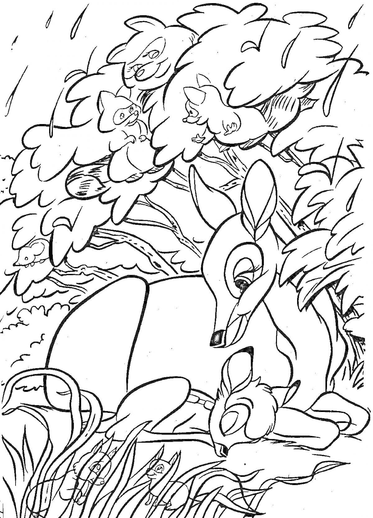 Раскраска Олень с олененком в лесу под деревьями с белками и совой