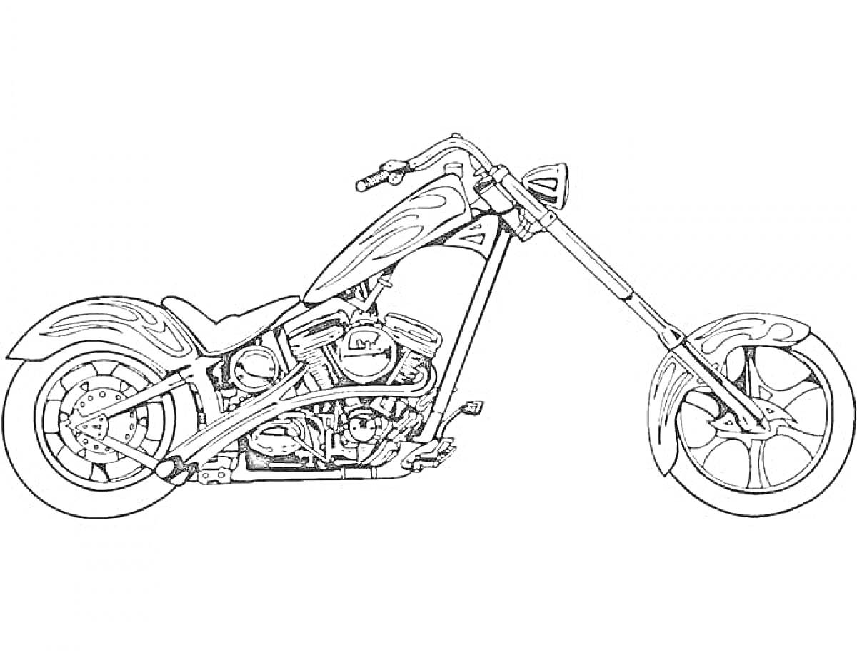 Раскраска Мотоцикл-чоппер с длинной передней вилкой, сиденьем, топливным баком, двигателем V-образного типа, выхлопной системой и колесами с пятью спицами