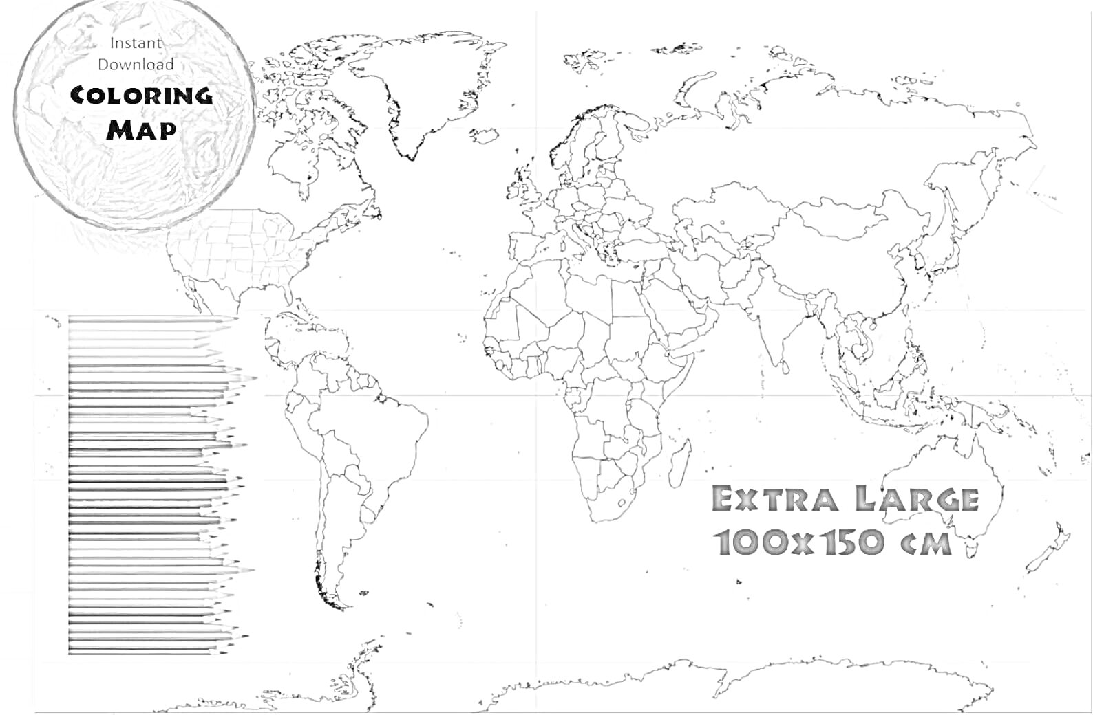 Раскраска Картинка для раскрашивания с изображением карты мира и цветными карандашами