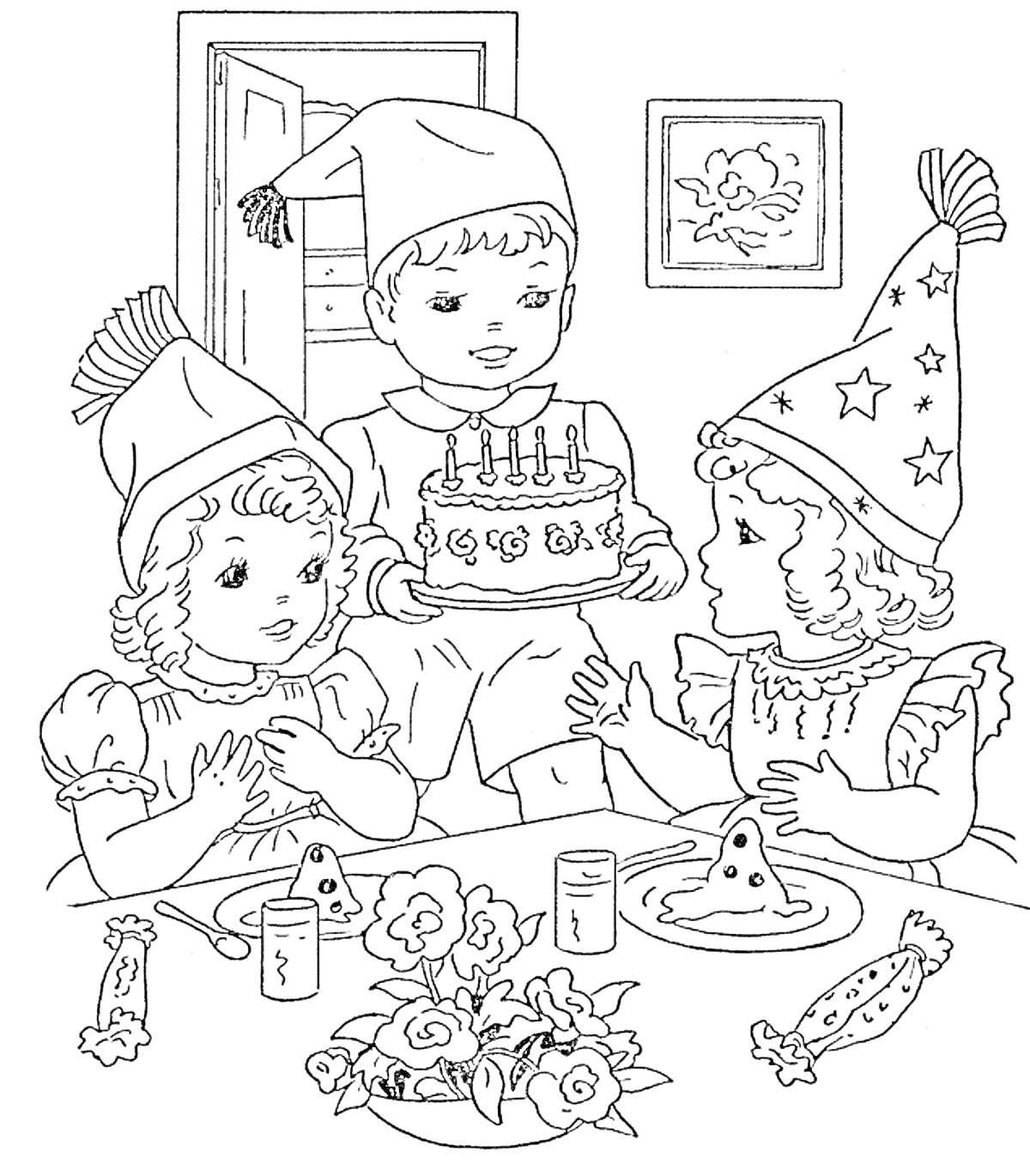 Раскраска Детская вечеринка с тортом, колпаками, цветами и сладостями
