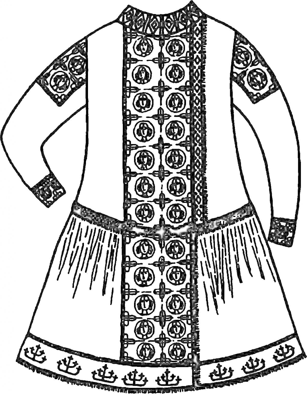 На раскраске изображено: Традиционная одежда, Узоры, Народное искусство, Этнический стиль, Вышивка