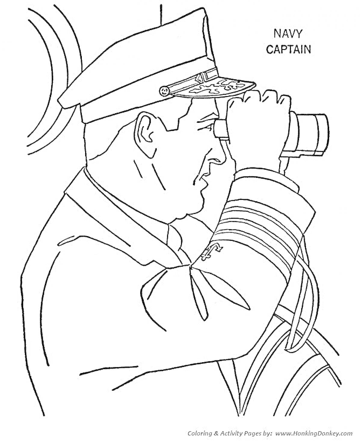 На раскраске изображено: Капитан, Военно-морской флот, Бинокль, Офицер, Моряк
