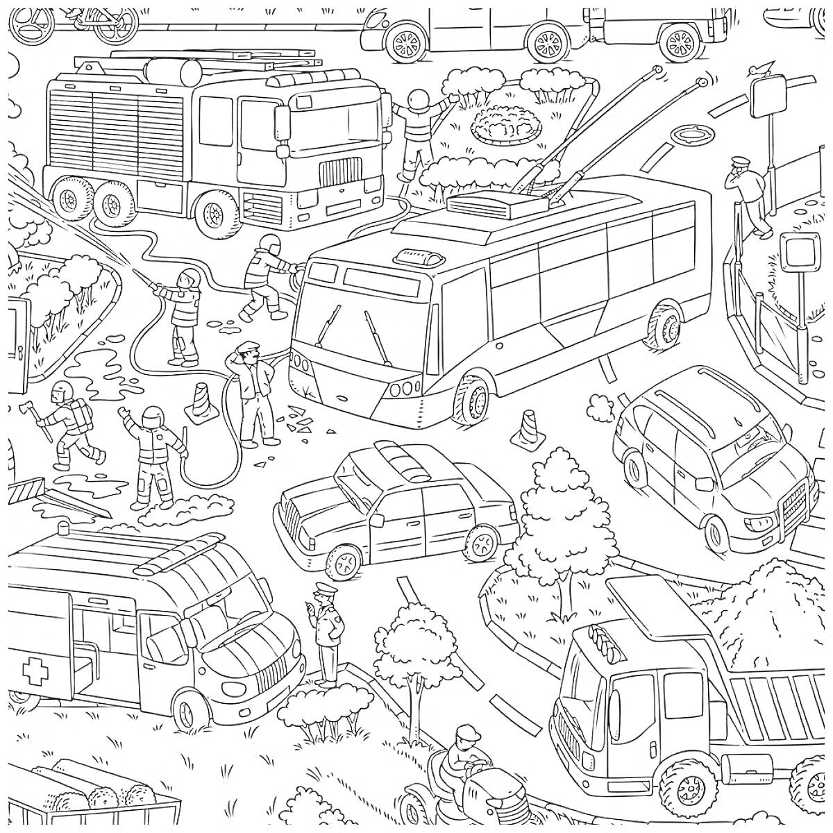 Раскраска Городской транспорт с грузовиком, пожарной машиной, автобусом, легковыми автомобилями, скорой помощью и строителями