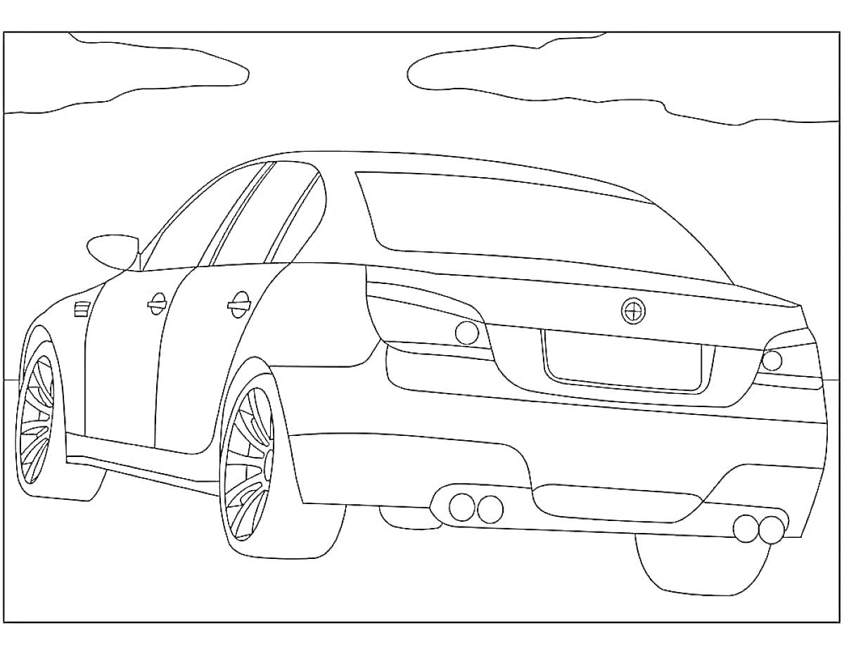 На раскраске изображено: Задняя часть, Транспорт, Облака, Небо, Бмв