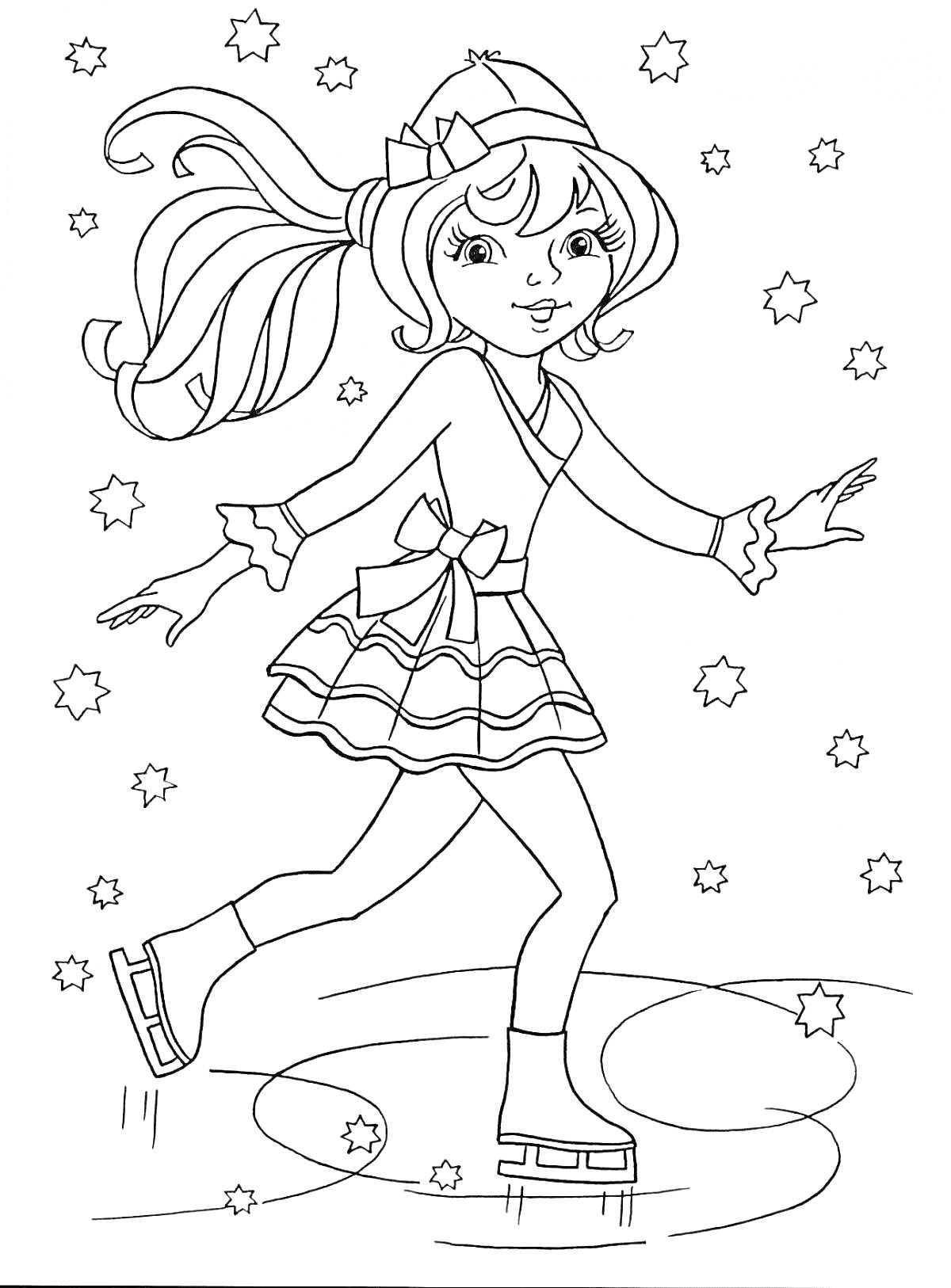 Раскраска Фигуристка на льду, девушка в юбке и свитере с бантом, шапка с помпоном, коньки, звезды вокруг, волосы развеваются