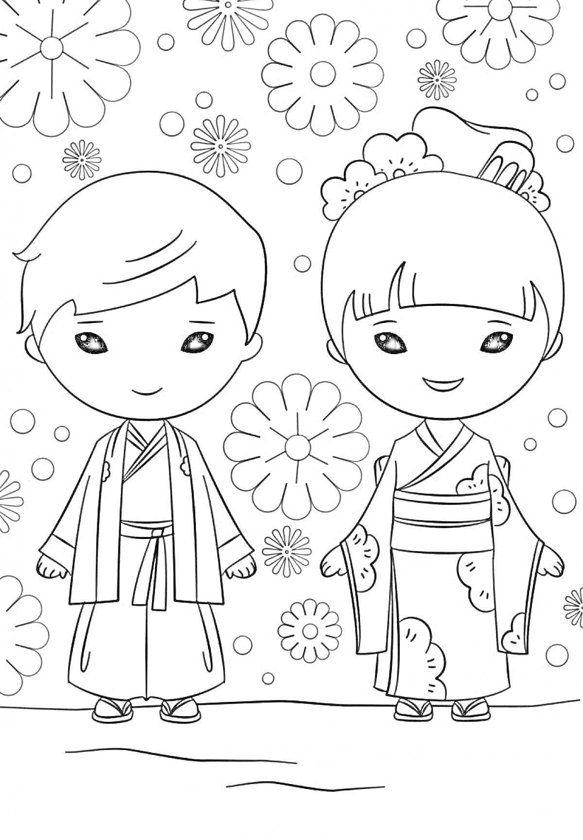 На раскраске изображено: Парни, Традиционная одежда, Кимоно, Цветы, Культура, Японский стиль, Оформление