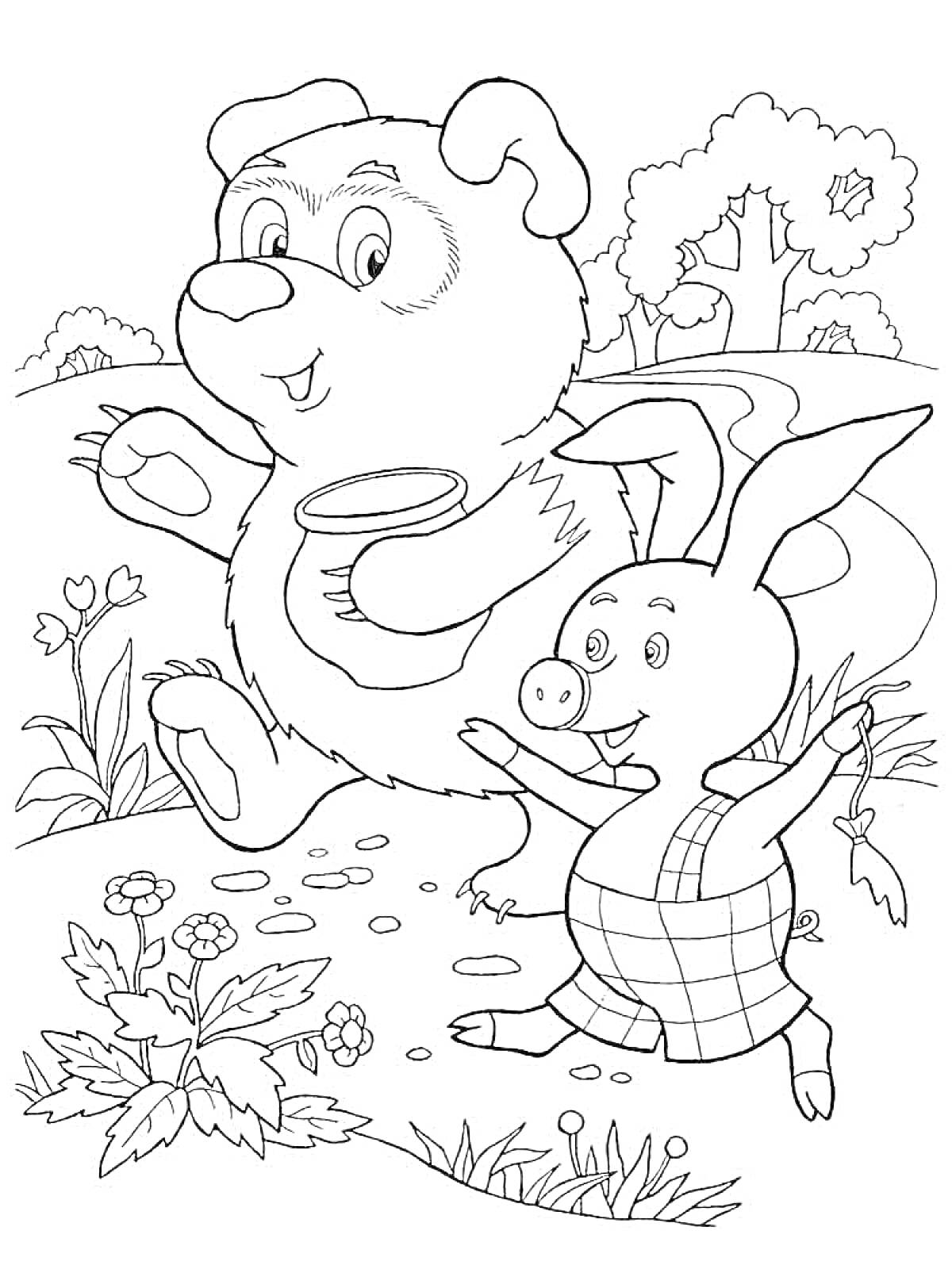 Раскраска Медвежонок с горшочком и Поросёнок в лесу