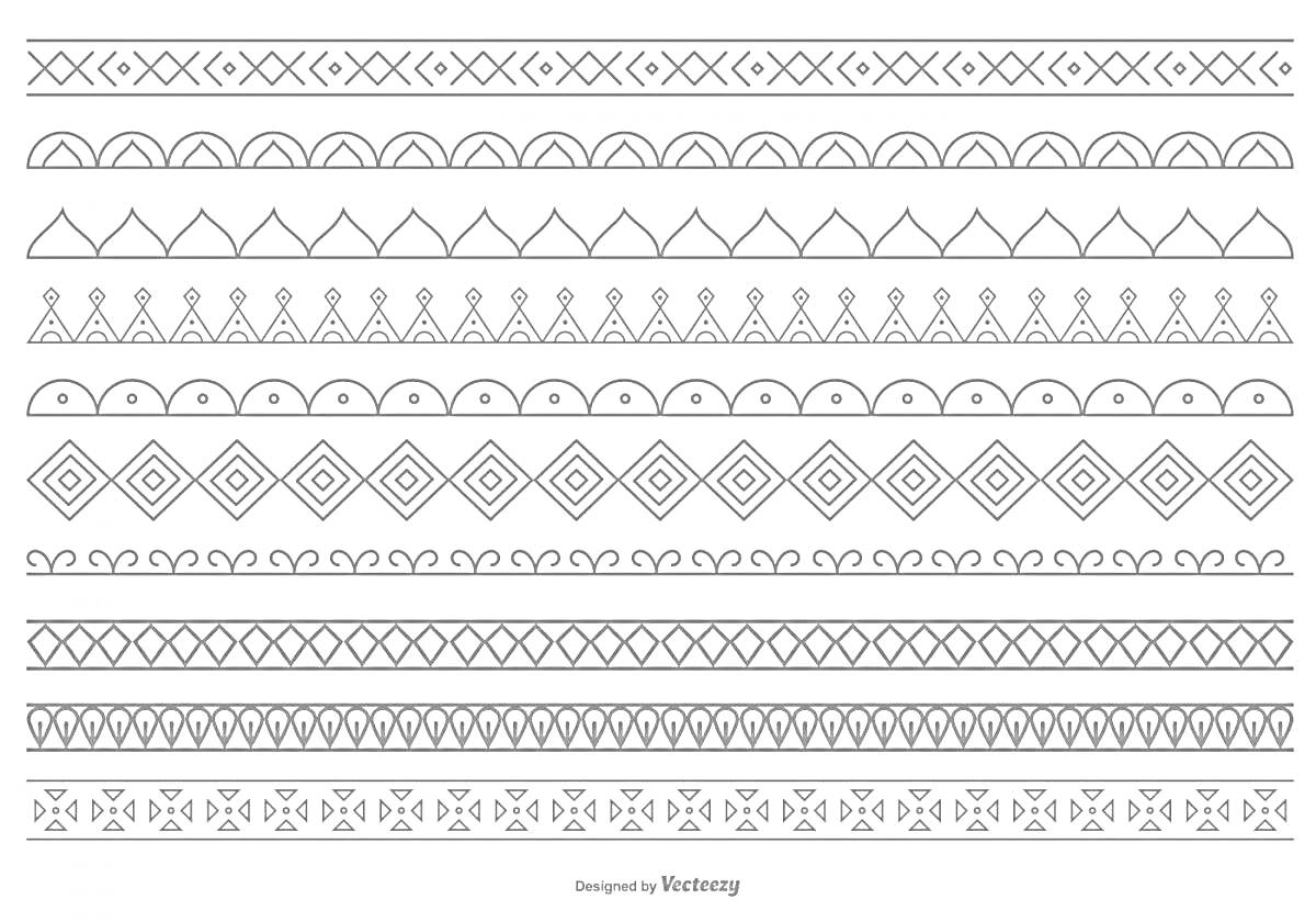 На раскраске изображено: Орнамент, Полосы, Крестики-нолики, Полукруги, Треугольники, Ромбы, Узоры, Декоративные элементы