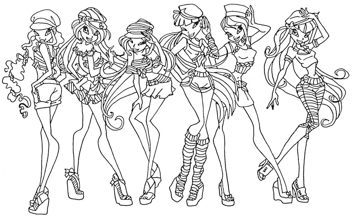 Раскраска шесть девочек в модных нарядах, с аксессуарами (шляпы, ботинки), длинные волосы, флетлайнер